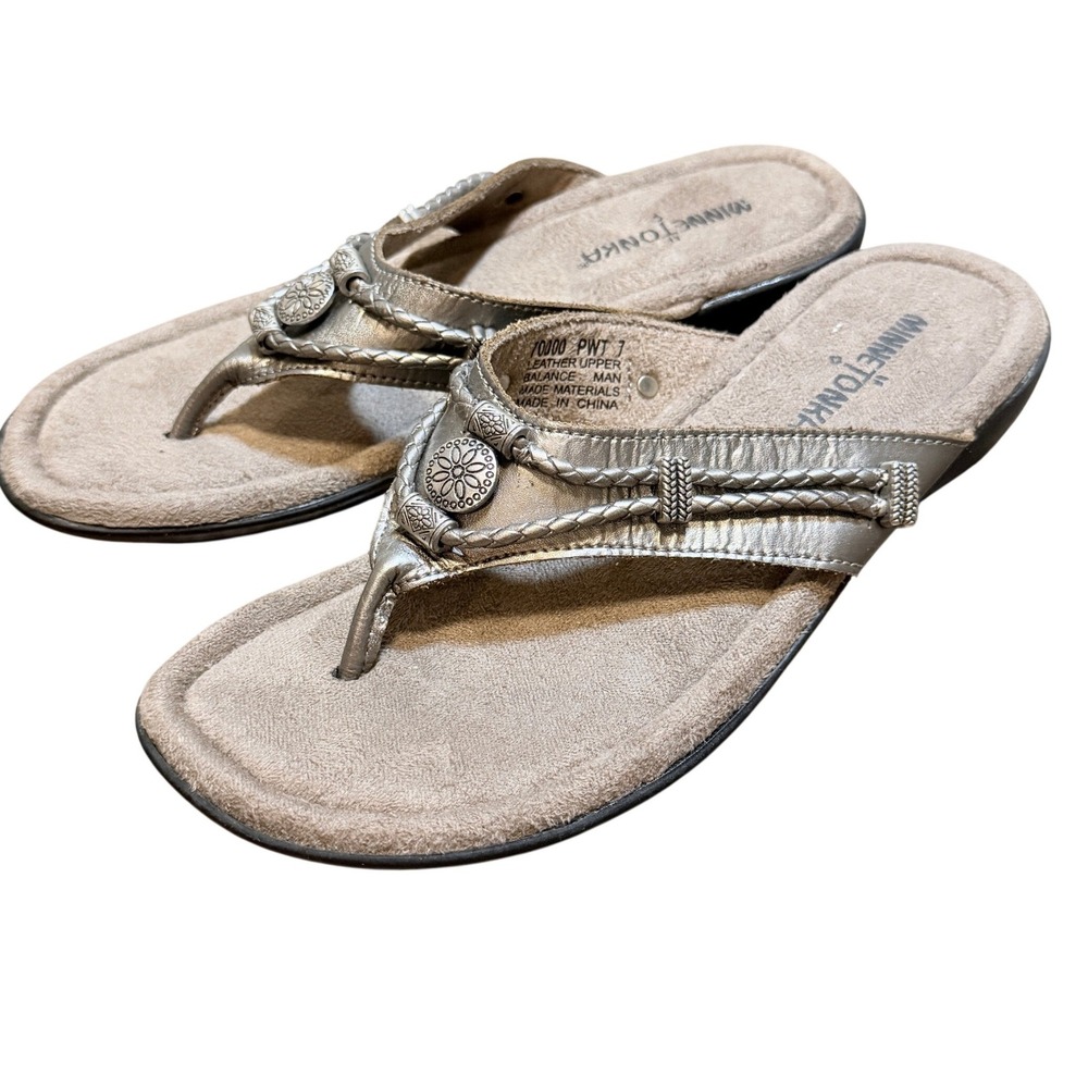 Minnetonka Silverthorne Ornamented Leather Thong Sandals, Silver, 7